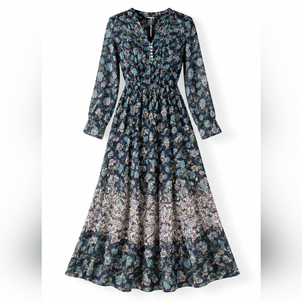 FP Movement  Floral Maxi Dress XS Navy Teal Boho Button Front Long Sleeve